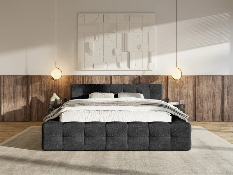 Gepolstertes Bett Puffly 140x200 cm mit Stauraum, Metallrahmen schwarz, Chenille
