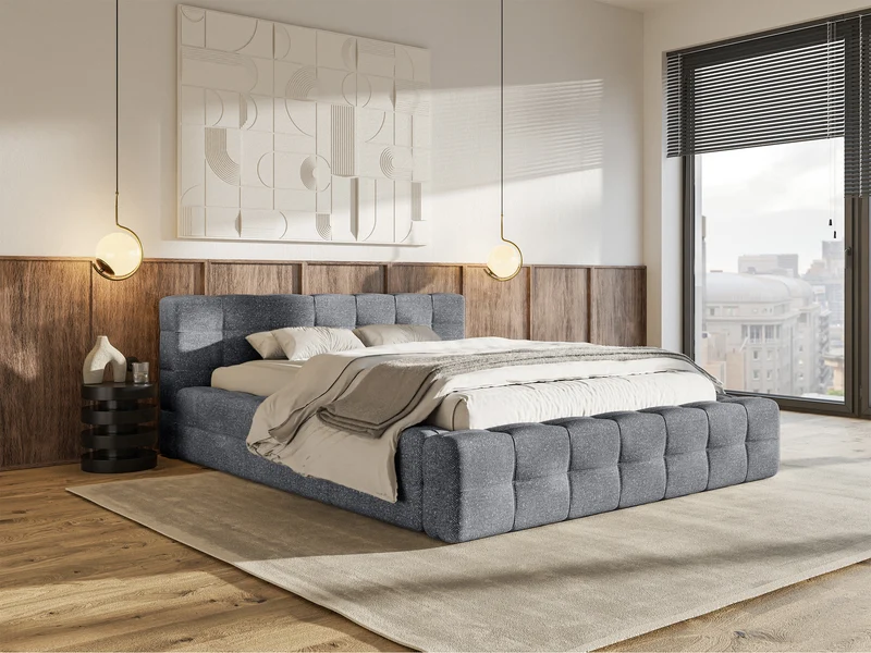 Gepolstertes Bett Puffly 160x200 cm mit Stauraum, Metallrahmen, dunkelgrauer Chenille