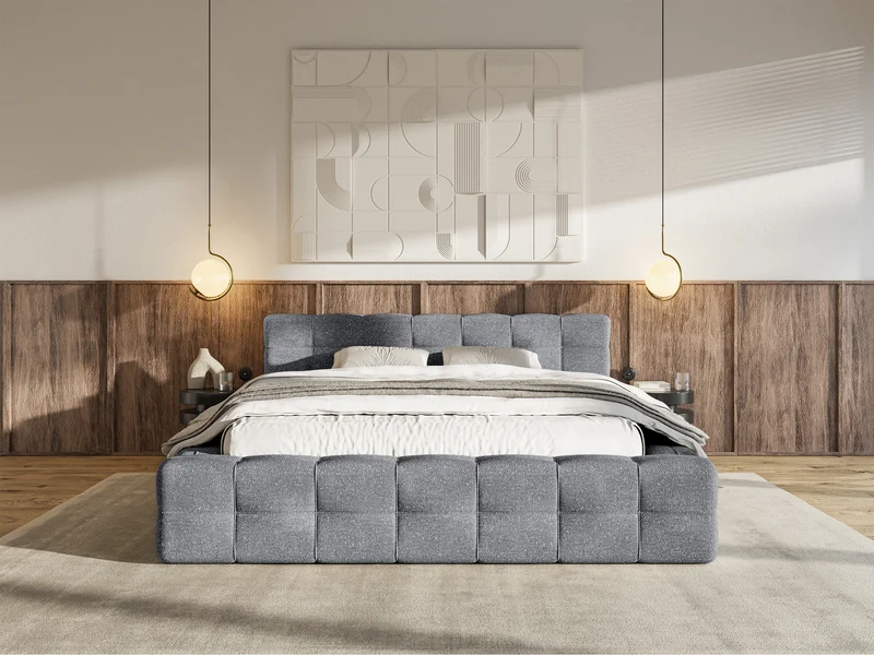 Gepolstertes Bett Puffly 160x200 cm mit Stauraum, Metallrahmen, dunkelgrauer Chenille