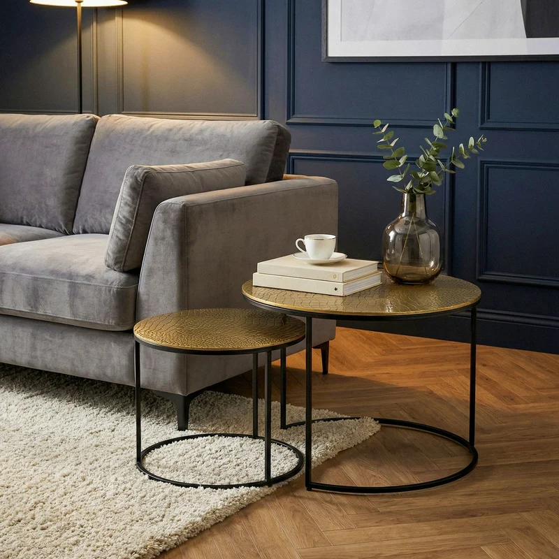 Wohnling Satztisch 2er Set rund in Gold mit Alu-Tischplatten