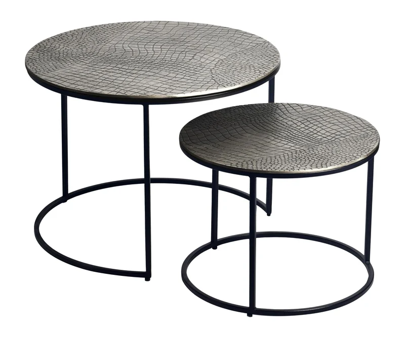 Satztisch 2er-Set rund Silber mit gemusterten Aluminium-Tischplatten