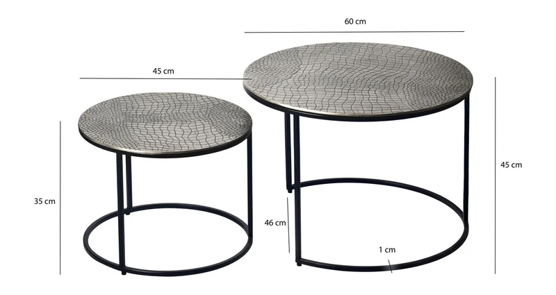 Satztisch 2er-Set rund Silber mit gemusterten Aluminium-Tischplatten