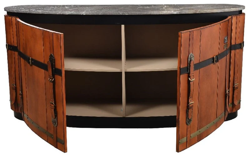 Casa Padrino Luxus Sideboard Braun / Schwarz / Grau / Messing 184 x 48 x H. 87 cm - Gebogener Massivholz Schrank mit 2 Türen und Marmorplatte - Wohnzimmer Möbel - Luxus Möbel