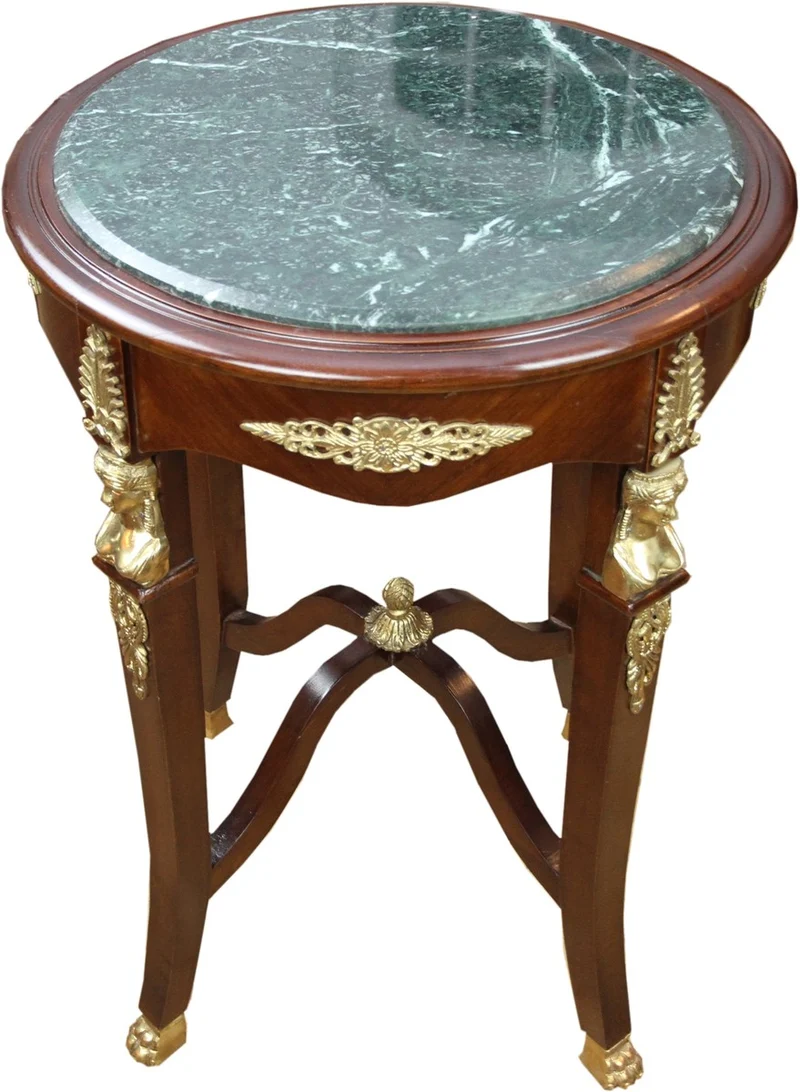 Casa Padrino Barock Beistelltisch mit grüner Marmorplatte Braun / Gold Durchmesser 54.5 cm, Höhe 75 cm - Ludwig XVI Antik Stil Tisch