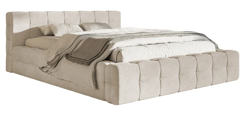 Gepolstertes Bett Puffly 140x200 cm mit Stauraum, Metallrahmen, grau-beiger Samt