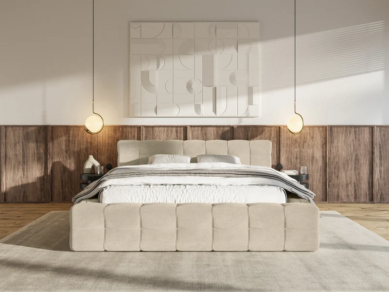 Gepolstertes Bett Puffly 160x200 cm mit Stauraum, Metallrahmen, beiger Samt