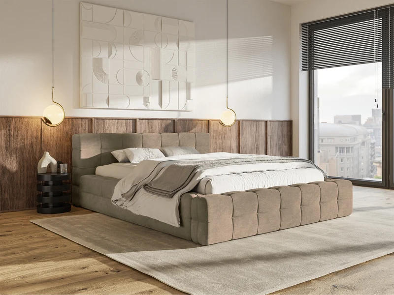Gepolstertes Bett Puffly 160x200 cm mit Stauraum, Metallrahmen, dunkelbeiger Samt