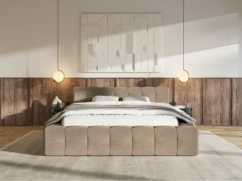 Gepolstertes Bett Puffly 160x200 cm mit Stauraum, Metallrahmen, dunkelbeiger Samt