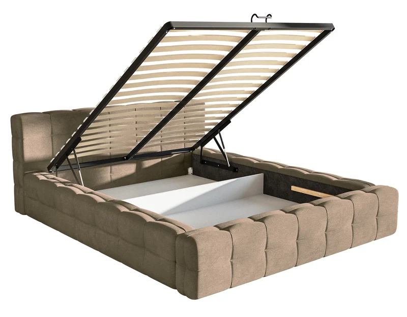 Gepolstertes Bett Puffly 160x200 cm mit Stauraum, Metallrahmen, dunkelbeiger Samt
