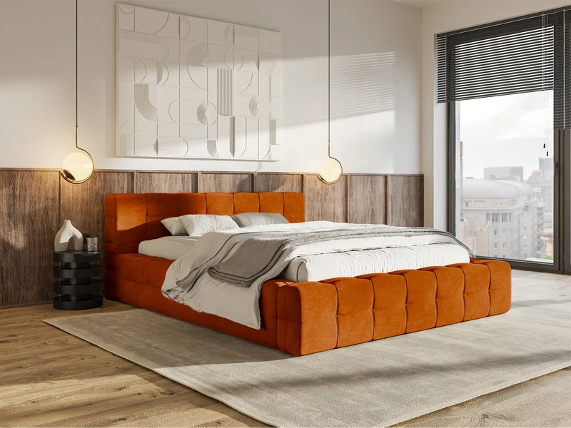 Gepolstertes Bett Puffly 160x200 cm mit Stauraum, Metallrahmen, kupferfarbener Samt