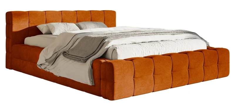 Gepolstertes Bett Puffly 160x200 cm mit Stauraum, Metallrahmen, kupferfarbener Samt