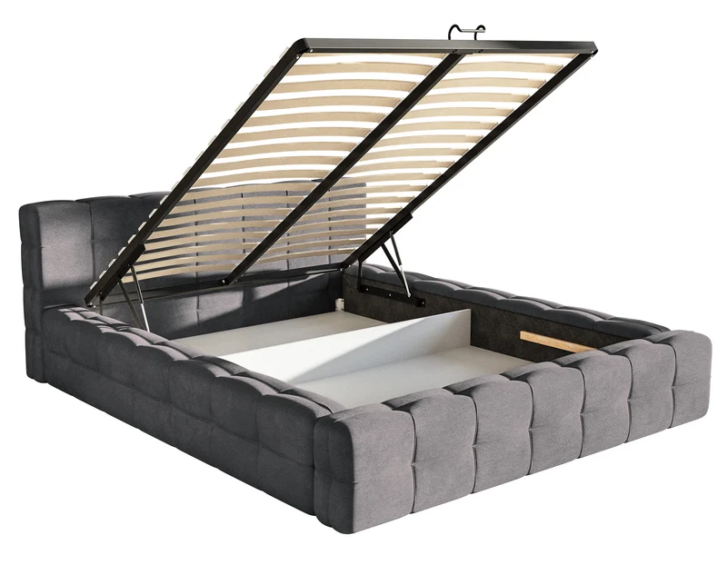 Gepolstertes Bett Puffly 180x200 cm mit Stauraum, Metallrahmen, grauer Samt