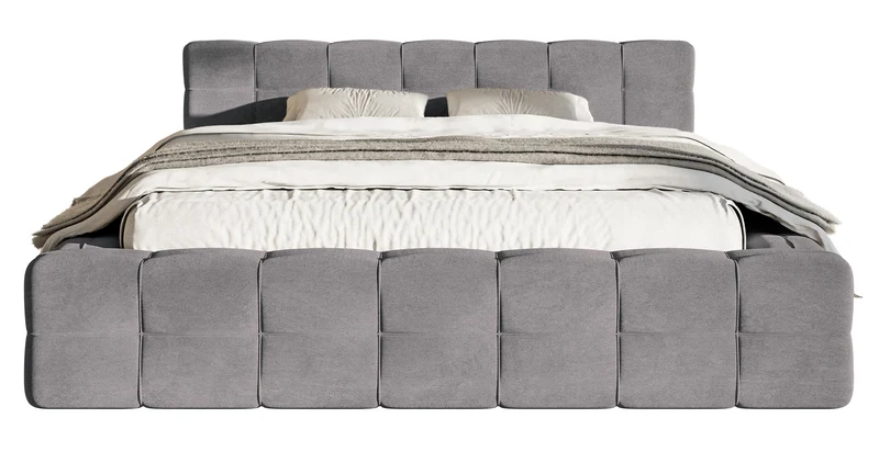 Gepolstertes Bett Puffly 180x200 cm mit Stauraum, Metallrahmen, grauer Samt