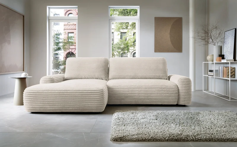 Ecksofa mit Schlaffunktion Alferia, L-förmig, mit Stauraum, cremefarbener Cord, linksseitig