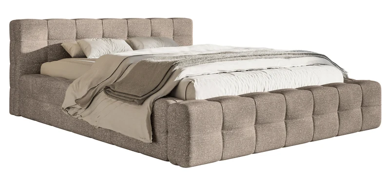 Gepolstertes Bett Puffly 160x200 cm mit Stauraum, Metallrahmen, hellbrauner Chenille