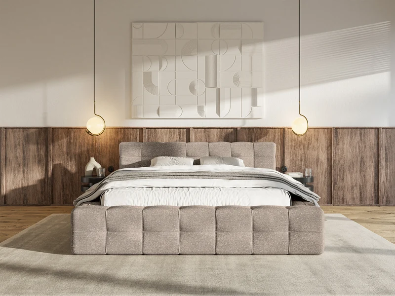 Gepolstertes Bett Puffly 160x200 cm mit Stauraum, Metallrahmen, hellbrauner Chenille