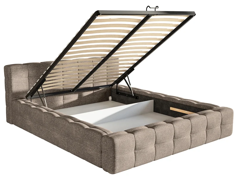 Gepolstertes Bett Puffly 160x200 cm mit Stauraum, Metallrahmen, hellbrauner Chenille
