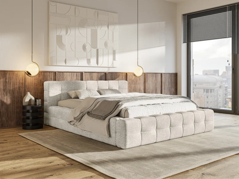Polstermöbelbett Puffly 160x200 cm mit Stauraum, Metallrahmen, cremefarbener Chenille