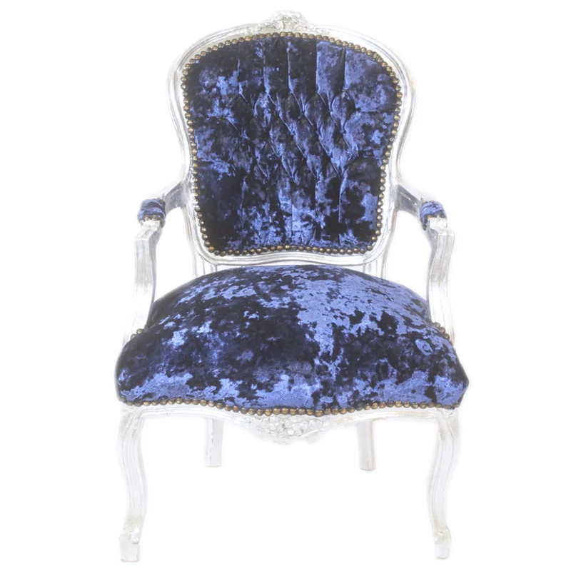 Casa Padrino Barock Salon Stuhl Royalblau Velour Stoff / Silber - Antik Design Möbel