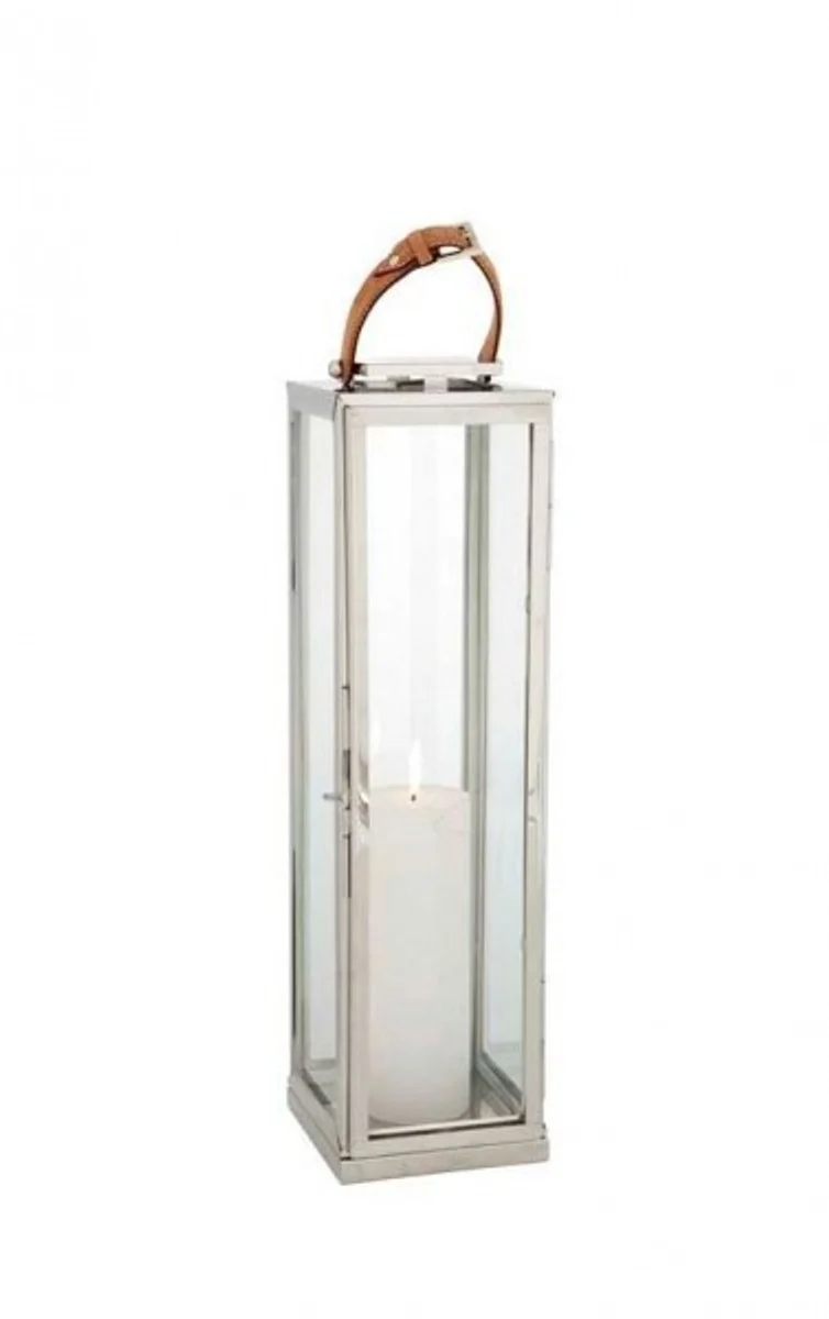 Casa Padrino Designer Deco Laterne aus Edelstahl und Glas in Silber mit braunem Leder - 19 x 19 x H. 70 cm