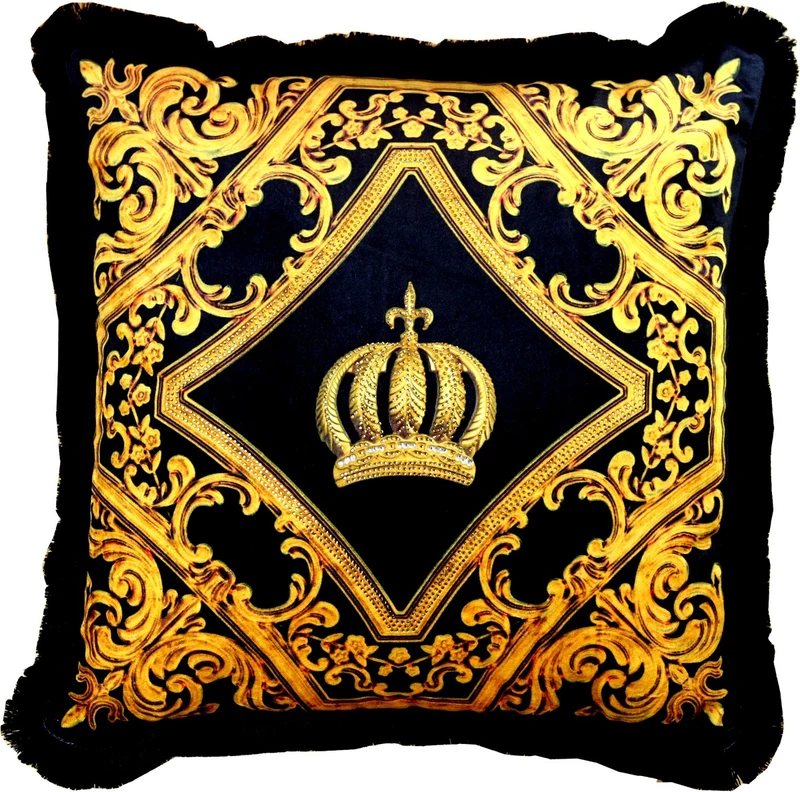 Casa Padrino Harald Glööckler Luxus Barock Zierkissen Pompöös Schwarz / Gold Krone mit Strass Steinen 50 x 50 cm