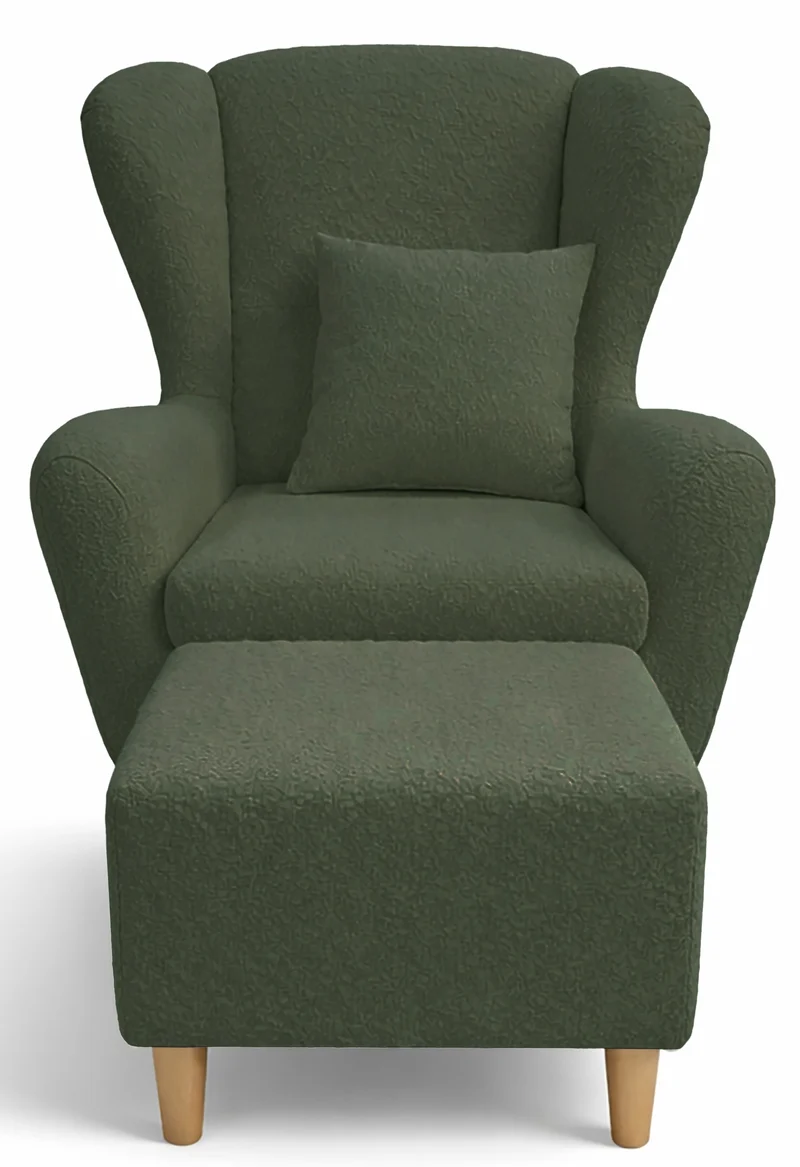 Ohrensessel Teddlo mit Fußhocker, grüner Chenille, Buchenbeine