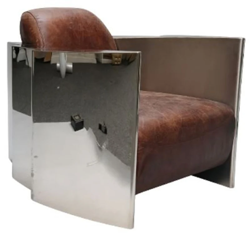 Casa Padrino Luxus Club Sessel im englischen Stil, Echtleder Vintage Braun / Silber 68 x 89 x H. 73 cm