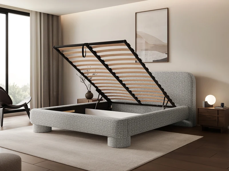 Gepolstertes Bett 140x200 cm Fredo mit Stauraum, grauer Chenille-Stoff