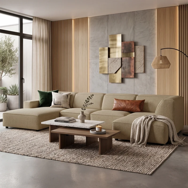 Großes U-förmiges modulares Ecksofa Sellmo mit Pouf, rechtsseitig, dunkelbeige, hydrophobes Chenillegewebe