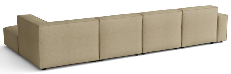 Großes U-förmiges modulares Ecksofa Sellmo mit Pouf, rechtsseitig, dunkelbeige, hydrophobes Chenillegewebe