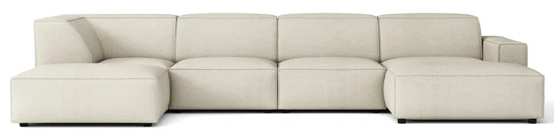 Großes U-förmiges modulares Ecksofa Sellmo mit Hocker, linksseitig, kremfarben, hydrophobes Chenille