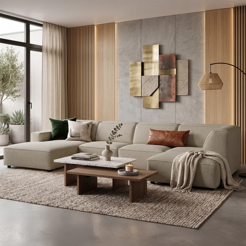 Großes, rechtseitiges U-förmiges Sellmo Modulsofa mit Hocker, grau-beige, hydrophobes Chenillegewebe