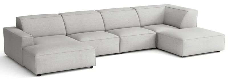 Großes U-förmiges modulares Ecksofa Sellmo mit Pouf, rechtsseitig, hellgrauer hydrophober Chenille-Stoff