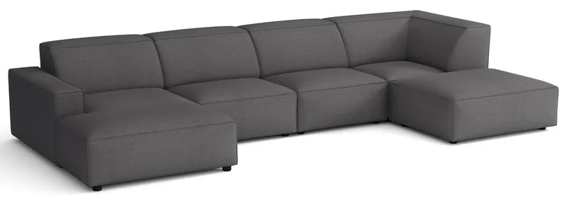 Großes U-förmiges modulares Ecksofa Sellmo mit Hocker, rechtsseitig, dunkelgrauer hydrophober Chenille-Stoff