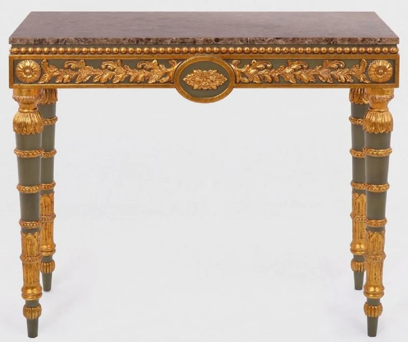 Casa Padrino Luxus Barock Konsole Grau / Antik Gold / Braun - Handgefertigter Massivholz Konsolentisch mit edlen Verzierungen und Marmorplatte - Barock Möbel