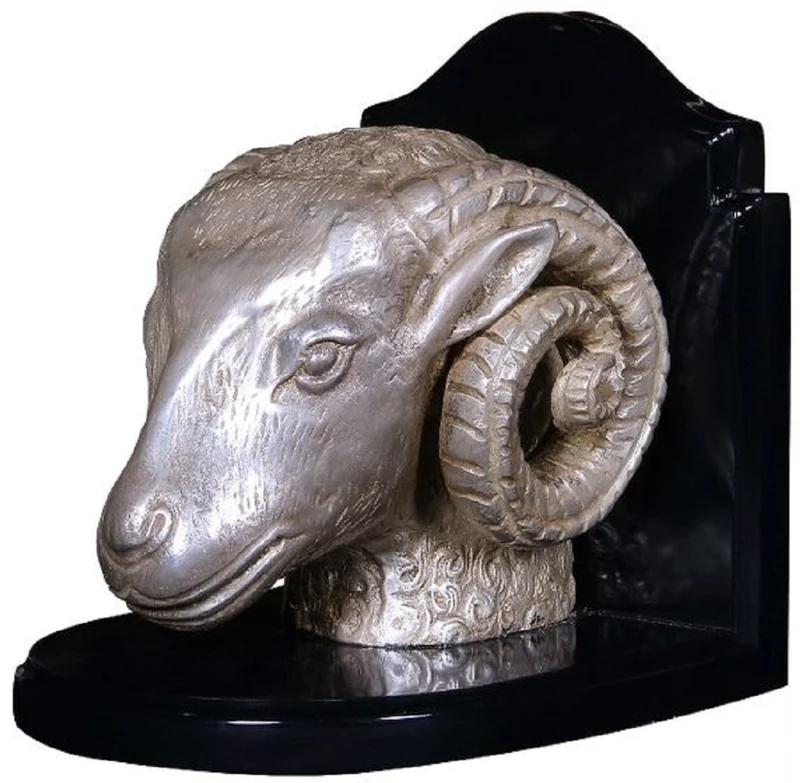 Casa Padrino Luxus Buchstützen Set Widderköpfe Silber / Schwarz 21 x 19 x H. 18 cm - Schreibtisch Deko - Wohnzimmer Deko - Deko Accessoires