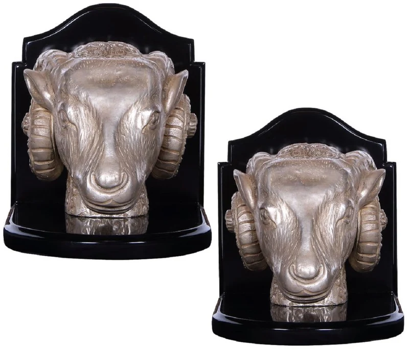 Casa Padrino Luxus Buchstützen Set Widderköpfe Silber / Schwarz 21 x 19 x H. 18 cm - Schreibtisch Deko - Wohnzimmer Deko - Deko Accessoires