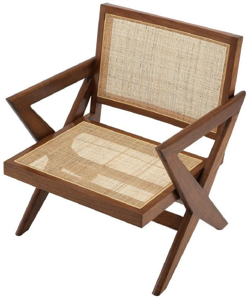 Casa Padrino Luxus Wohnzimmer Sessel Braun / Naturfarben 75 x 74 x H. 88 cm - Massivholz Sessel mit Rattangeflecht - Luxus Möbel