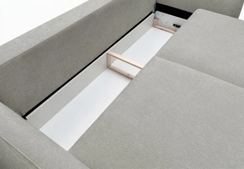 Dreisitziges ausklappbares Sofa Zordo mit Stauraum, grau-beiger Chenillestoff