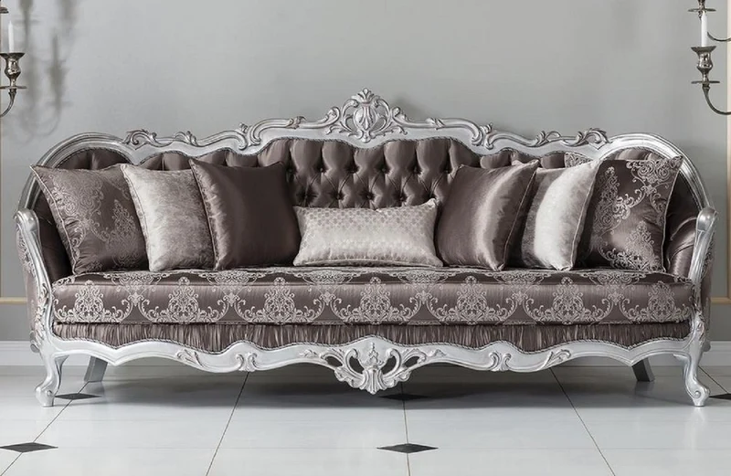 Casa Padrino Luxus Barock Sofa Bronzefarben / Silber 262 x 90 x H. 113 cm - Prunkvolles Wohnzimmer Sofa mit dekorativen Kissen - Barock Möbel