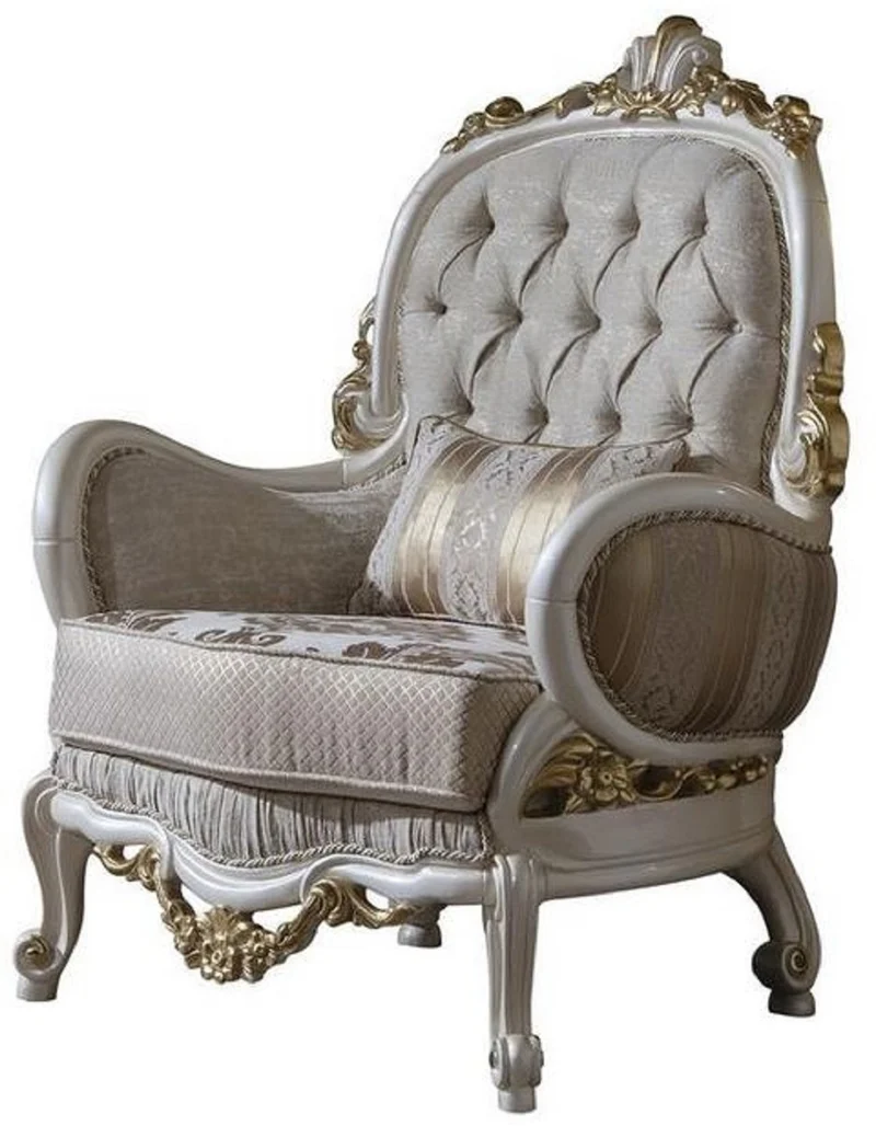Casa Padrino Luxus Barock Sessel Grau / Weiß / Gold 80 x 85 x H. 120 cm - Prunkvoller Wohnzimmer Sessel mit dekorativem Kissen - Barock Möbel
