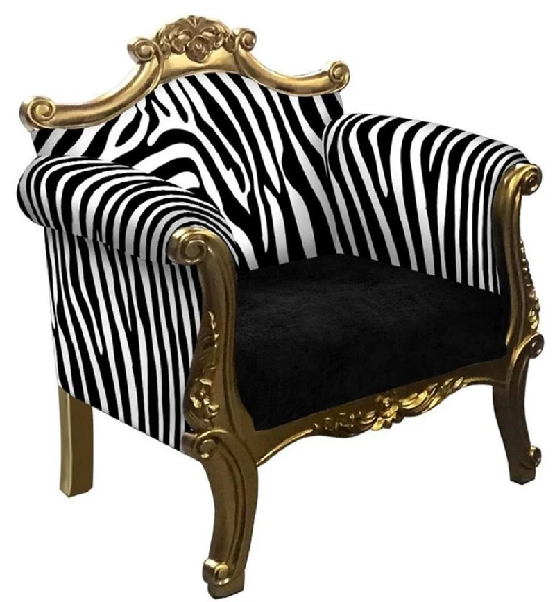Casa Padrino Barock Sessel im Zebra Design Schwarz / Weiß / Gold - Handgefertigter Wohnzimmer Sessel im Barockstil - Barock Wohnzimmer Möbel