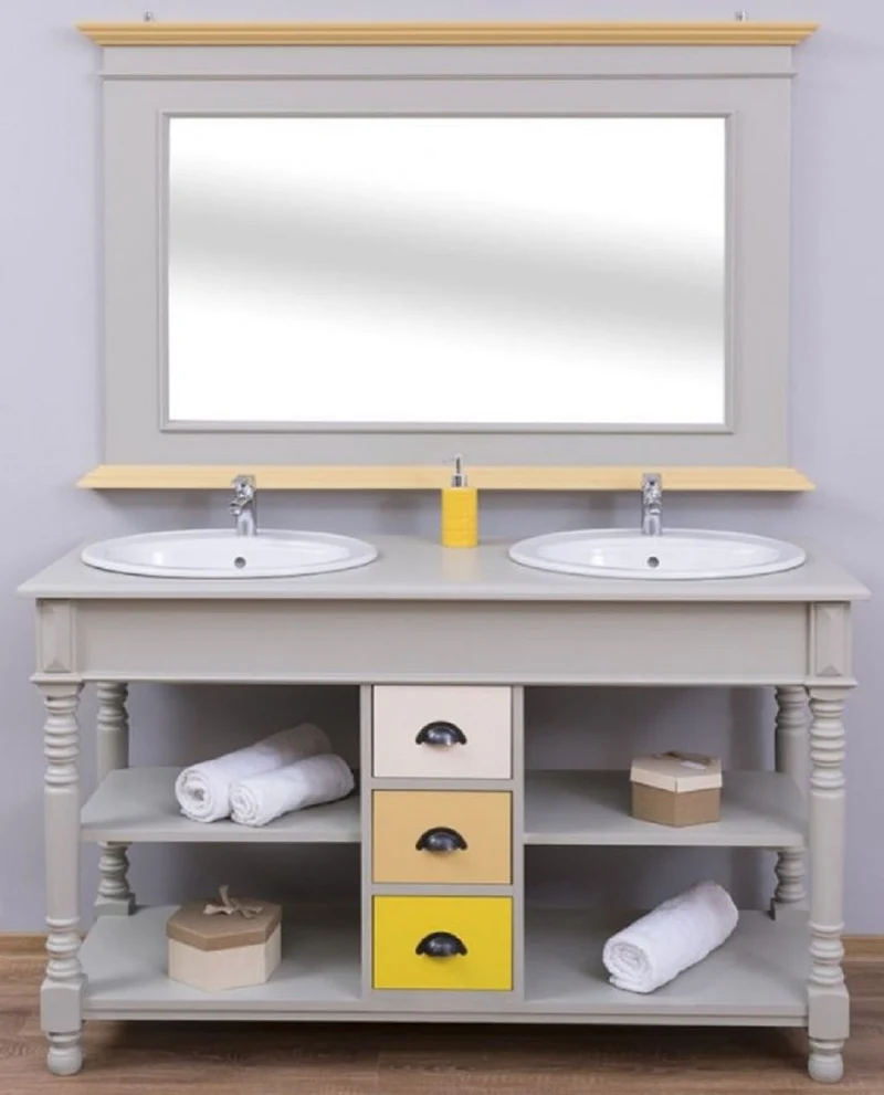 Casa Padrino Landhausstil Badezimmer Set Grau / Naturfarben / Mehrfarbig - 1 Doppelwaschtisch & 1 Wandspiegel - Massivholz Badezimmermöbel im Landhausstil