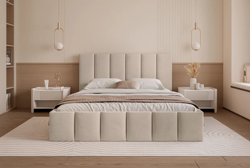 Polsterbett 140x200 cm Sarafino mit Bettkasten, beige Samt, Metallrahmen