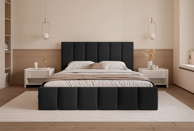 Polsterbett 160x200 cm Sarafino mit Bettkasten, schwarzer Samt, Metallrahmen