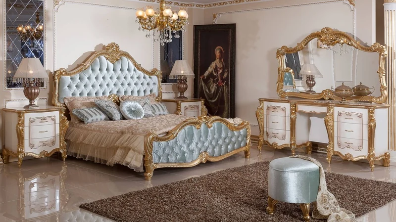 Casa Padrino Luxus Barock Schlafzimmer Set Türkis / Weiß / Braun / Gold - 1 Doppelbett mit Kopfteil & 2 Nachtkommoden - Barock Schlafzimmer Möbel - Luxus Möbel im Barockstil - Edel & Prunkvoll