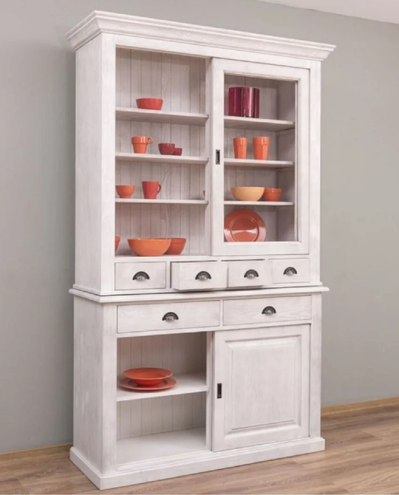 Casa Padrino Landhausstil Esszimmerschrank Hellgrau 142 x 48 x H. 225 cm - Massivholz Küchenschrank - Landhausstil Esszimmer Möbel