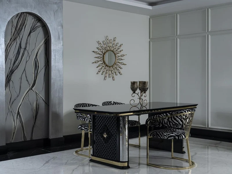 Casa Padrino Luxus Art Deco Esstisch Schwarz / Gold - Handgefertigter Massivholz Küchentisch mit Spiegelglas - Art Deco Esszimmer Möbel