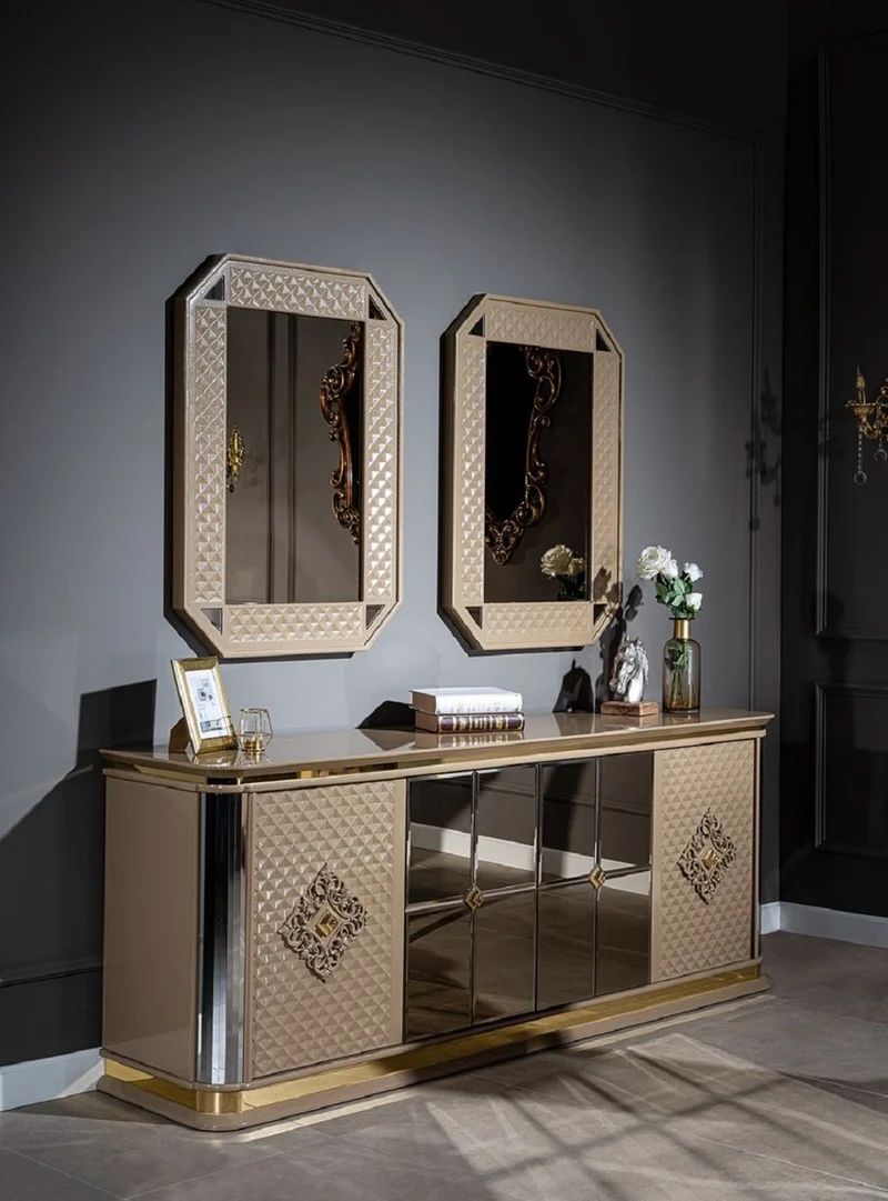 Casa Padrino Luxus Art Deco Möbel Set Beige / Gold - 1 Sideboard & 2 Spiegel - Edel & Prunkvoll