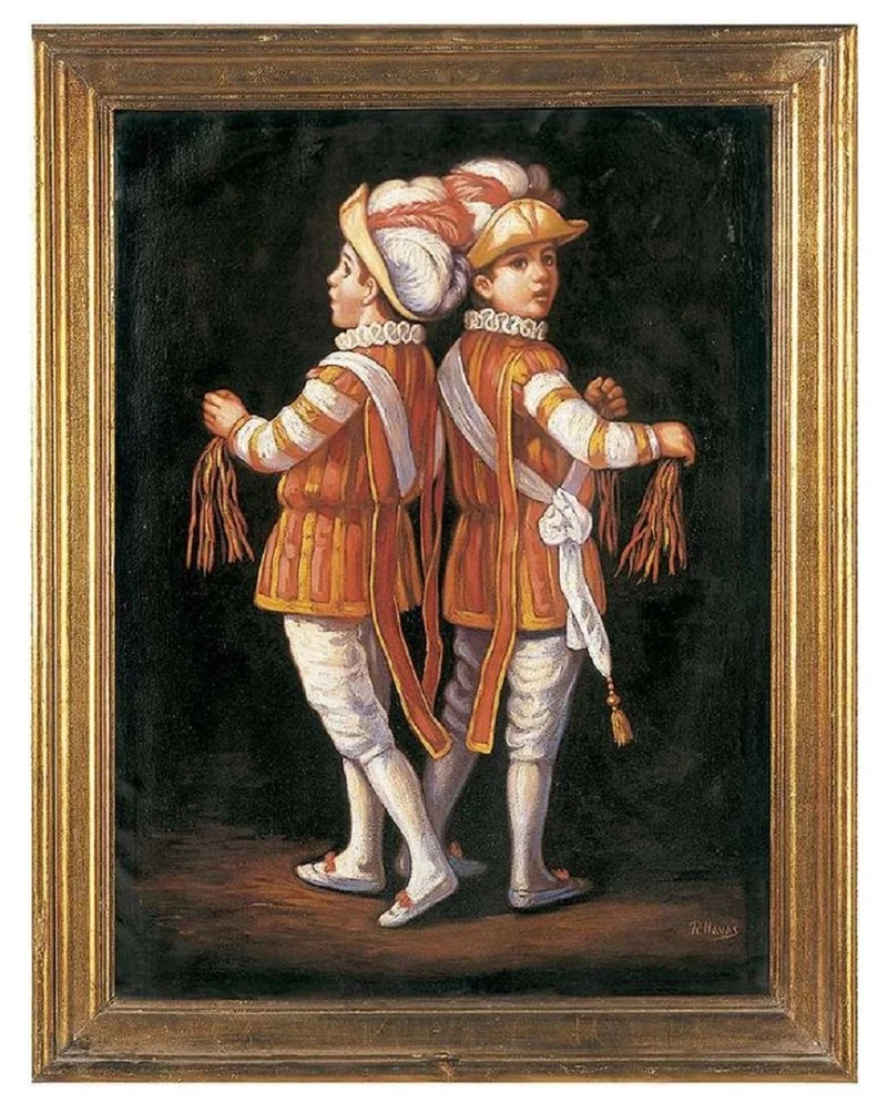 Casa Padrino Luxus Barock Ölgemälde Zwillinge Rot / Mehrfarbig / Gold 64 x H. 82 cm - Handgemaltes Gemälde im Barockstil - Barock Wand Deko